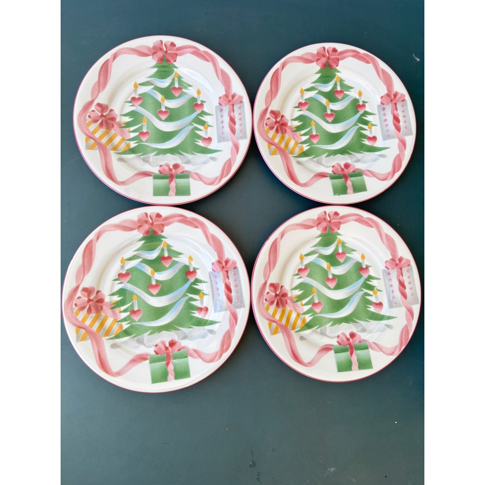 Sango Home for Christmas 1992 Saucers Set of 4 Tree Heart Pink Ribbon